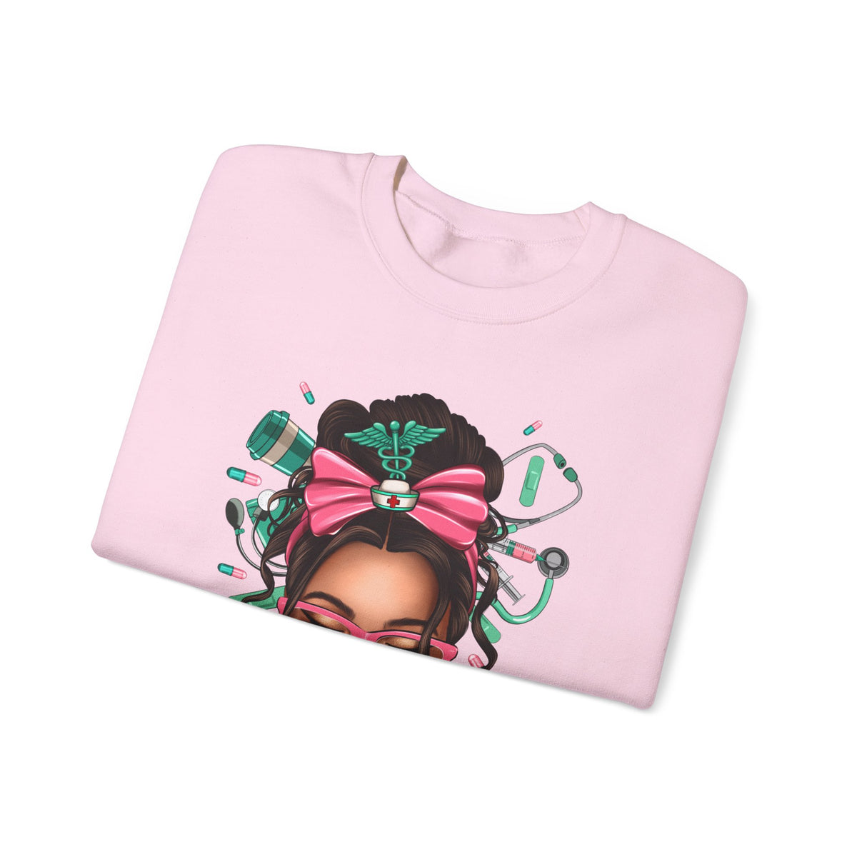 Nurse Life Messy Bun, Cute Stethescope & Syringe – Gildan Heavy Blend | Trendy Women’s Soft Sweatshirt. Direct to Garment. Printed & Shipped in the USA. Unisex Sizes.