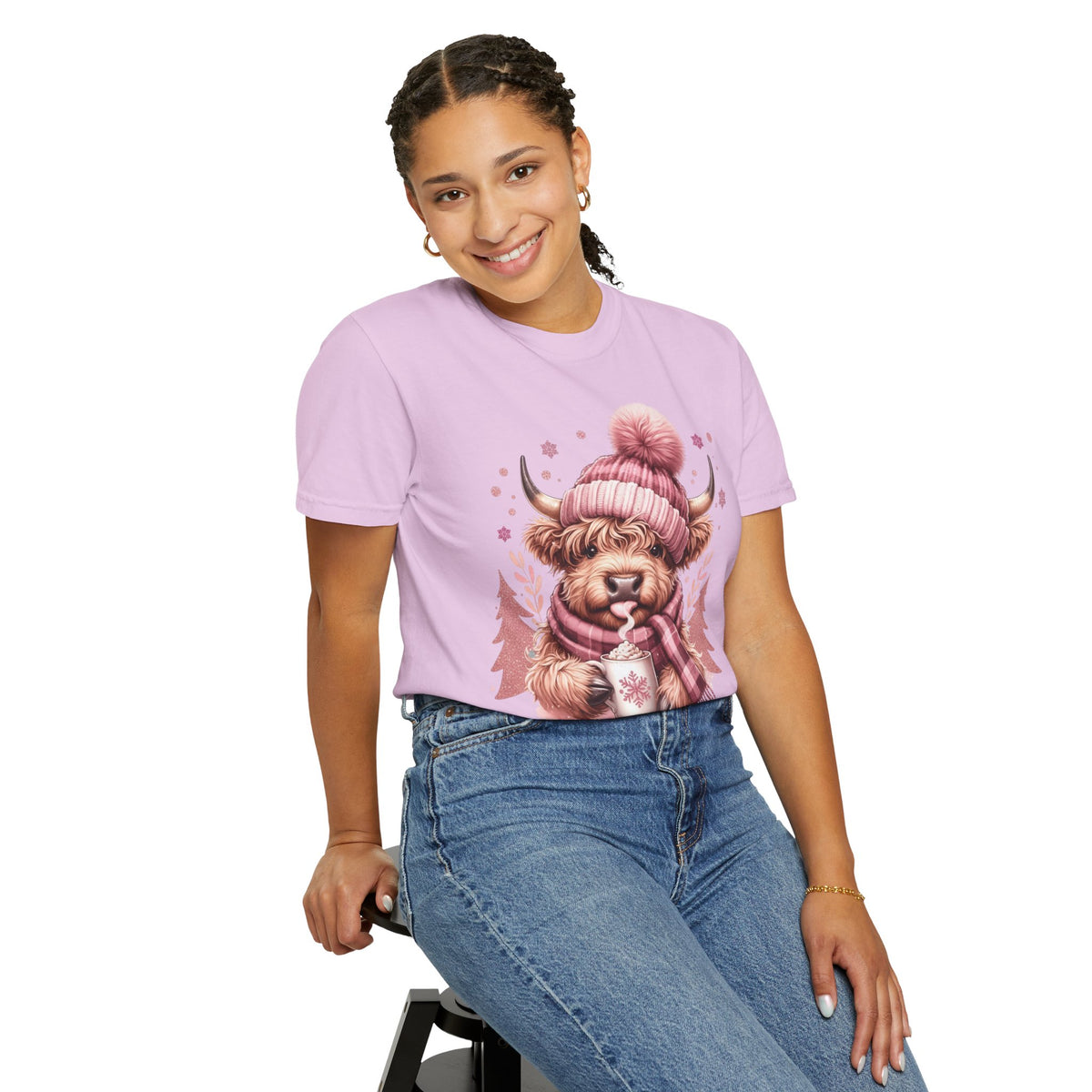 Cozy Highland Cow, Winter Coffee Mug & Scarf - Comfort Colors | Trendy Women's T-Shirt. Direct to Garment. Printed & Shipped in the USA. Unisex Sizes.