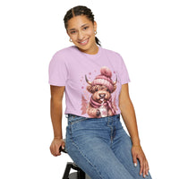 Cozy Highland Cow, Winter Coffee Mug & Scarf - Comfort Colors | Trendy Women's T-Shirt. Direct to Garment. Printed & Shipped in the USA. Unisex Sizes.