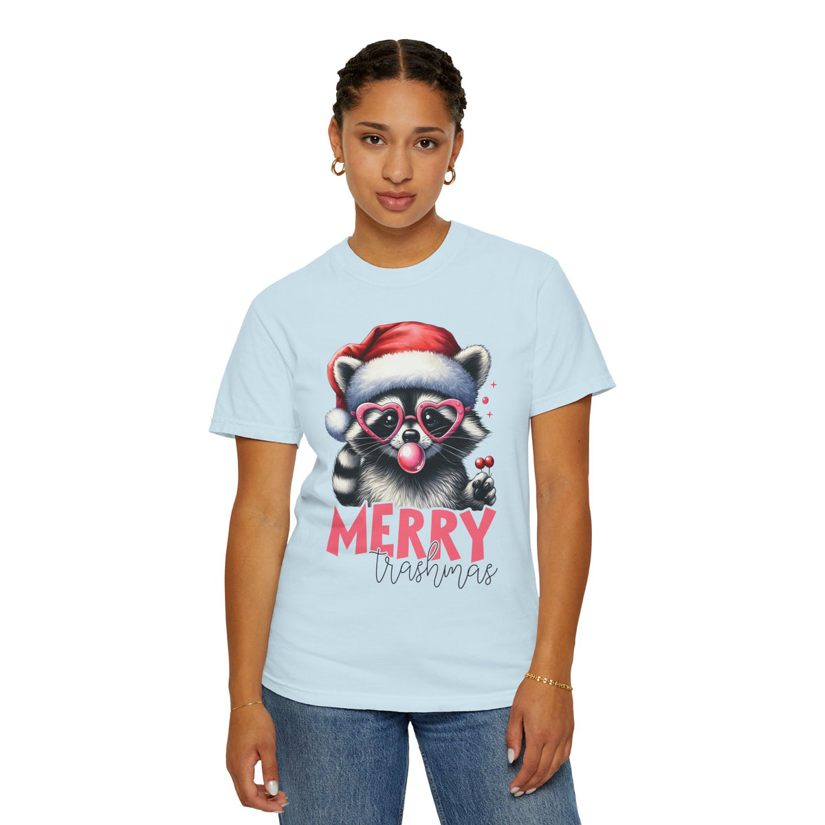 Merry Trashmas Bubblegum Raccoon w/Santa Hat Christmas - Comfort Colors | Trendy Women's T-Shirt. Direct to Garment. Printed & Shipped in the USA. Unisex Sizes.