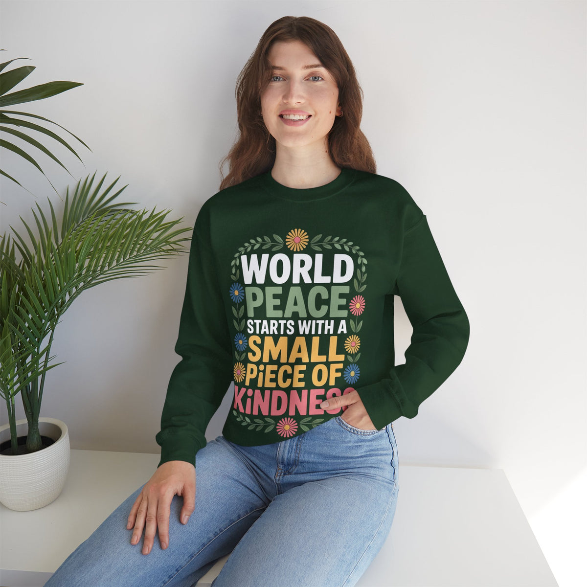 World Peace Starts With A Small Piece Of Kindness – Gildan Heavy Blend | Trendy Women’s Soft Sweatshirt. Direct to Garment. Printed & Shipped in the USA. Unisex Sizes.