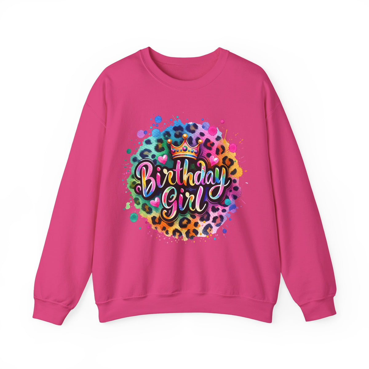 Birthday Girl, Neon Leopard – Gildan Heavy Blend | Trendy Women’s Soft Sweatshirt. Direct to Garment. Printed & Shipped in the USA. Unisex Sizes.