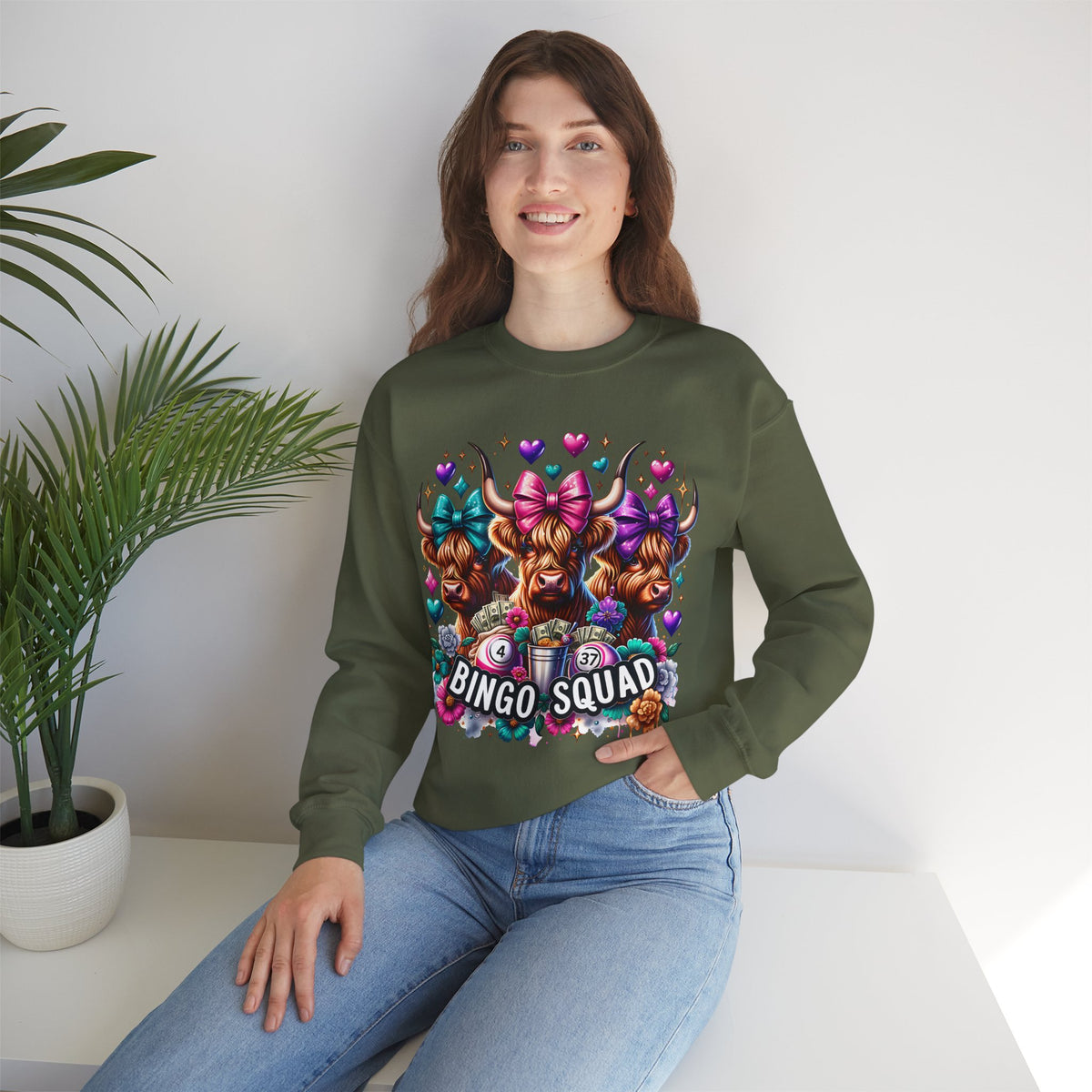 Cute Highland Cows Bingo Squad – Gildan Heavy Blend | Trendy Women’s Soft Sweatshirt. Direct to Garment. Printed & Shipped in the USA. Unisex Sizes.