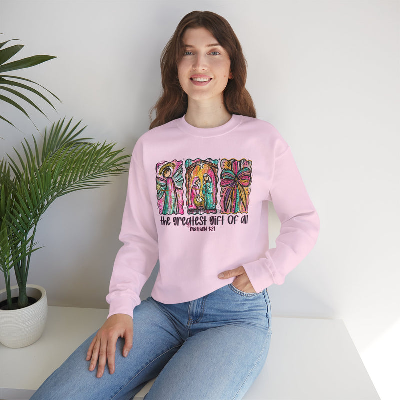 The Greatest Gift of All, Christian Tee - Preppy Watercolor – Gildan Heavy Blend | Trendy Women’s Soft Sweatshirt. Direct to Garment. Printed & Shipped in the USA. Unisex Sizes.