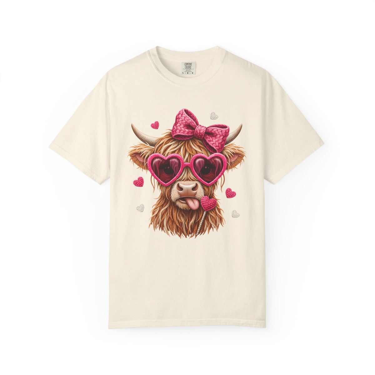 Highland Cow - Pink Heart Shaped Glasses - Comfort Colors | Trendy Women's T-Shirt. Direct to Garment. Printed & Shipped in the USA. Unisex Sizes.