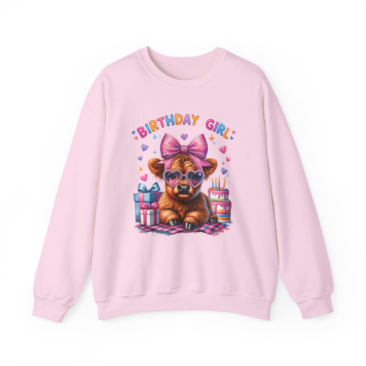 Birthday Girl, Highland Cow – Gildan Heavy Blend | Trendy Women’s Soft Sweatshirt. Direct to Garment. Printed & Shipped in the USA. Unisex Sizes.