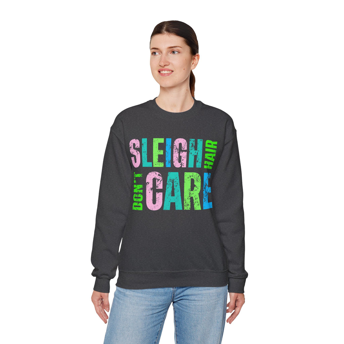 Sleigh Hair Don’t Care, Funny Christmas Graphic Tee – Gildan Heavy Blend | Trendy Women’s Soft Sweatshirt. Direct to Garment. Printed & Shipped in the USA. Unisex Sizes.
