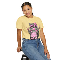 Cute But Feral, Raccoon in Pink Bibs - Comfort Colors | Trendy Women's T-Shirt. Direct to Garment. Printed & Shipped in the USA. Unisex Sizes.