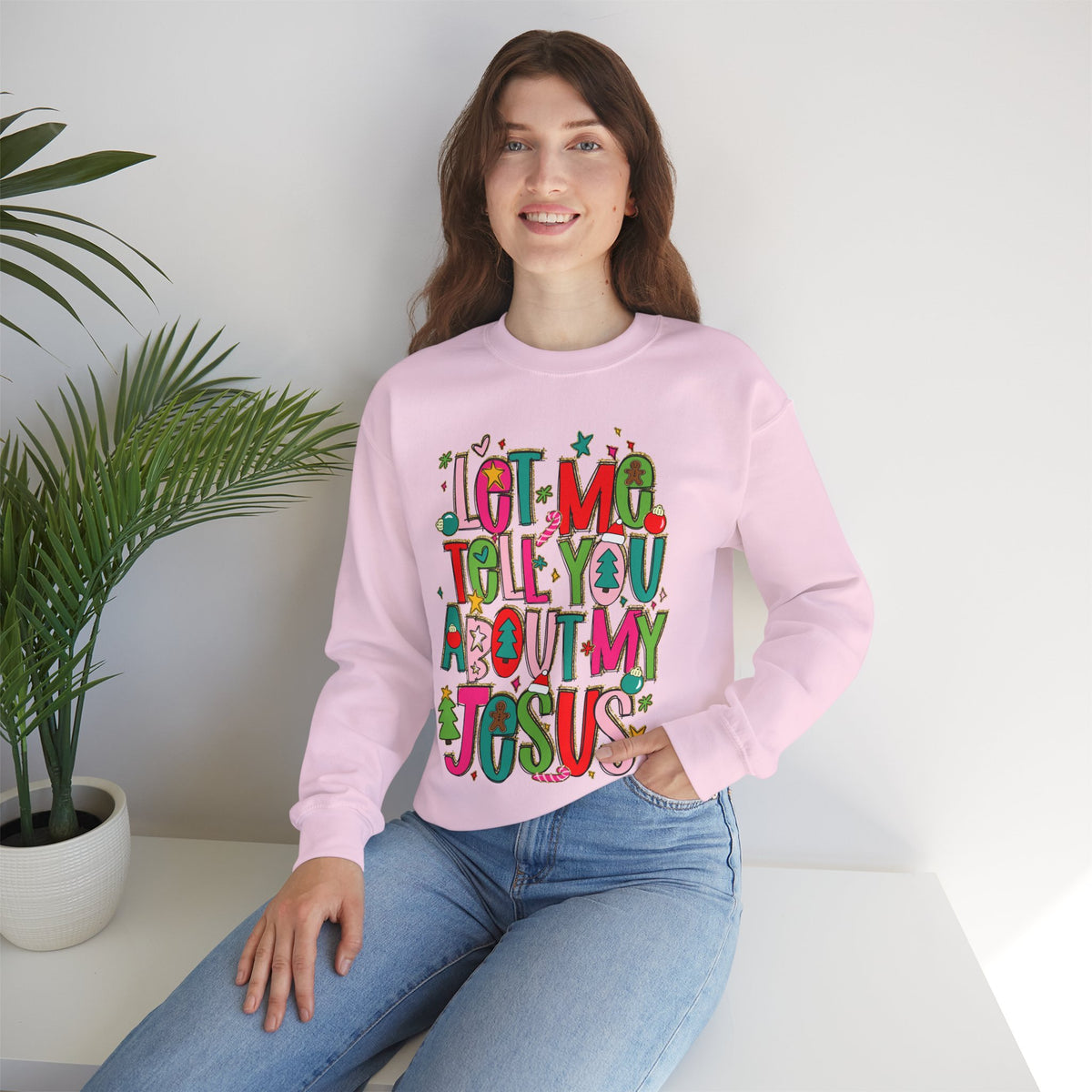 Let Me Tell You About My Jesus - Christmas Faith – Gildan Heavy Blend | Trendy Women’s Soft Sweatshirt. Direct to Garment. Printed & Shipped in the USA. Unisex Sizes.