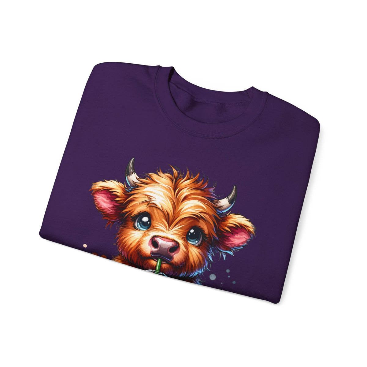 Coffee Addict Highland Cow Drinking Iced Coffee – Gildan Heavy Blend | Trendy Women’s Soft Sweatshirt. Direct to Garment. Printed & Shipped in the USA. Unisex Sizes.