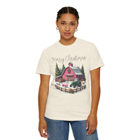 Merry Christmas Pink Barn Farm Animals - Comfort Colors | Trendy Women's T-Shirt. Direct to Garment. Printed & Shipped in the USA. Unisex Sizes.