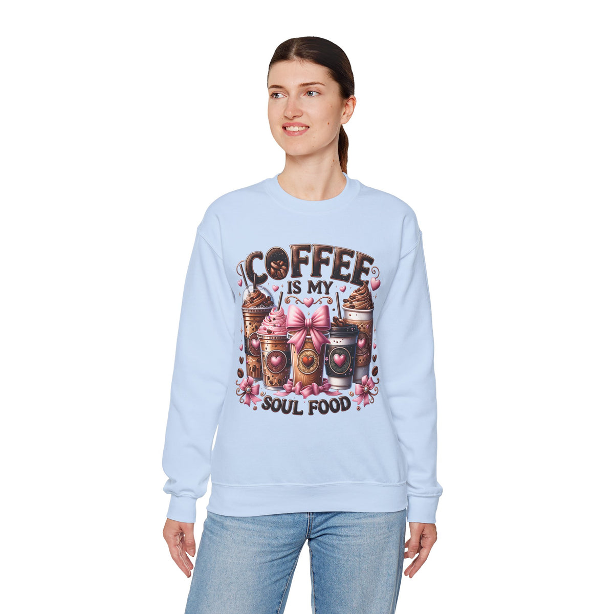 Coffee Is My Soul Food, Iced Coffee, Pink Bow – Gildan Heavy Blend | Trendy Women’s Soft Sweatshirt. Direct to Garment. Printed & Shipped in the USA. Unisex Sizes.