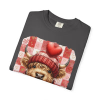 Highland Cow Be Mine, Red Checkered - Comfort Colors | Trendy Women's T-Shirt. Direct to Garment. Printed & Shipped in the USA. Unisex Sizes.