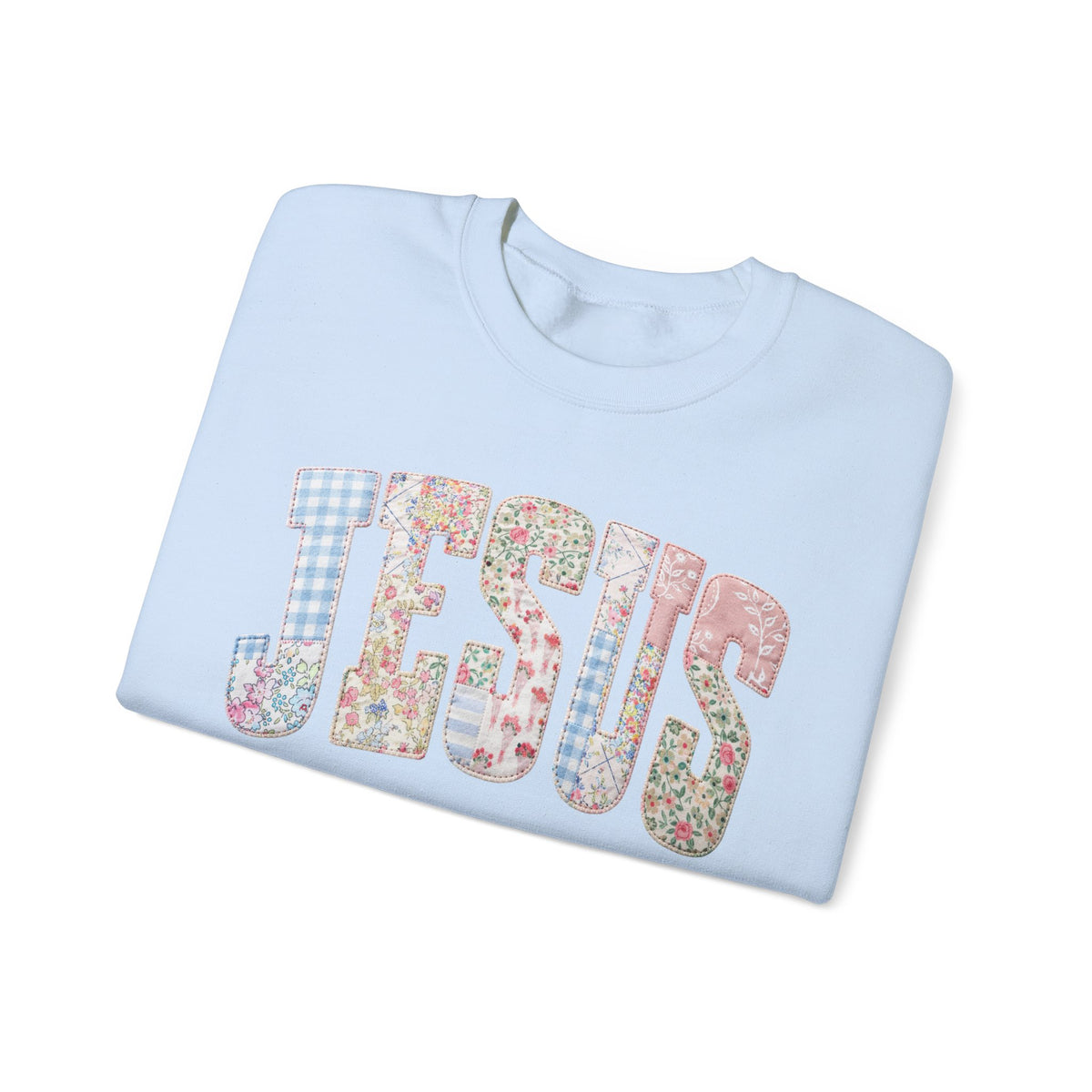Jesus faux Patchwork – Gildan Heavy Blend | Trendy Women’s Soft Sweatshirt. Direct to Garment. Printed & Shipped in the USA. Unisex Sizes.