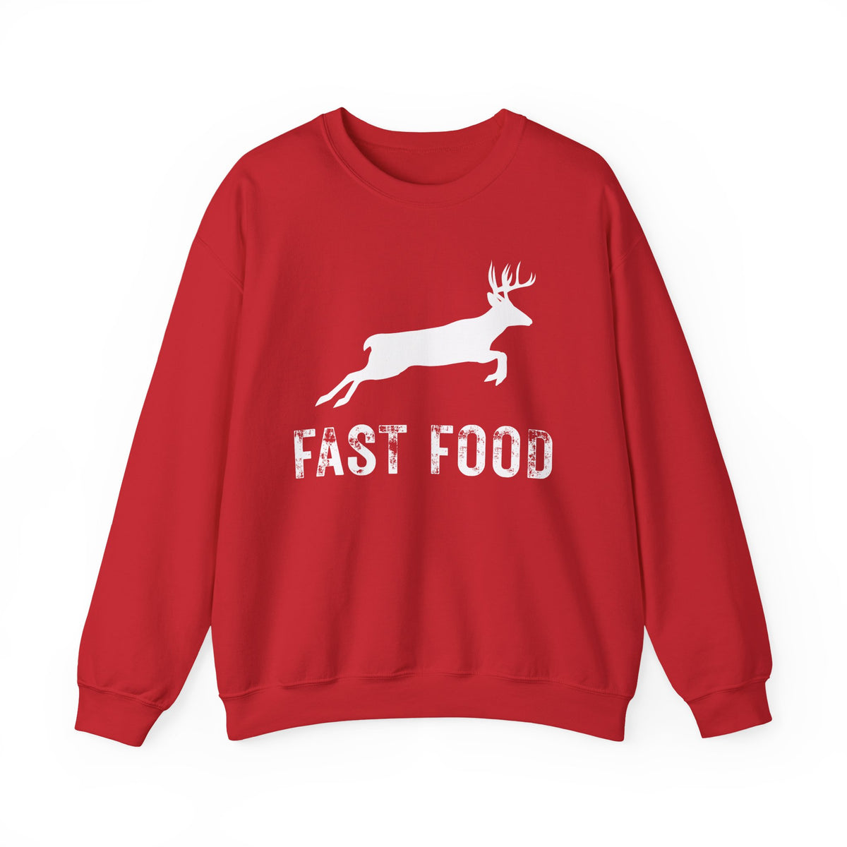 Fast Food Deer Hunting Humor Distressed – Gildan Heavy Blend | Trendy Men's and Women’s Soft Sweatshirt. Direct to Garment. Printed & Shipped in the USA. Unisex Sizes.