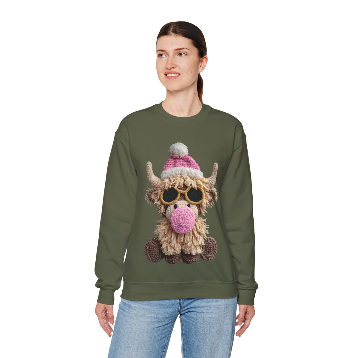 Faux Crochet Highland Cow Bubblegum – Gildan Heavy Blend | Trendy Women’s Soft Sweatshirt. Direct to Garment. Printed & Shipped in the USA. Unisex Sizes.
