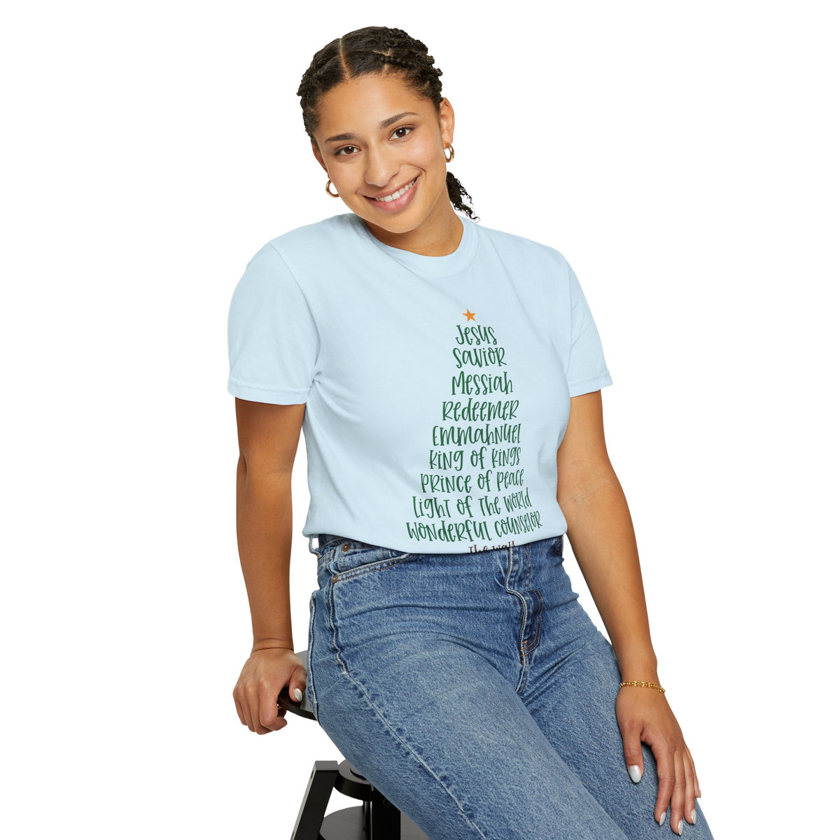Jesus Name Christmas Tree - Comfort Colors | Trendy Women's T-Shirt. Direct to Garment. Printed & Shipped in the USA. Unisex Sizes.