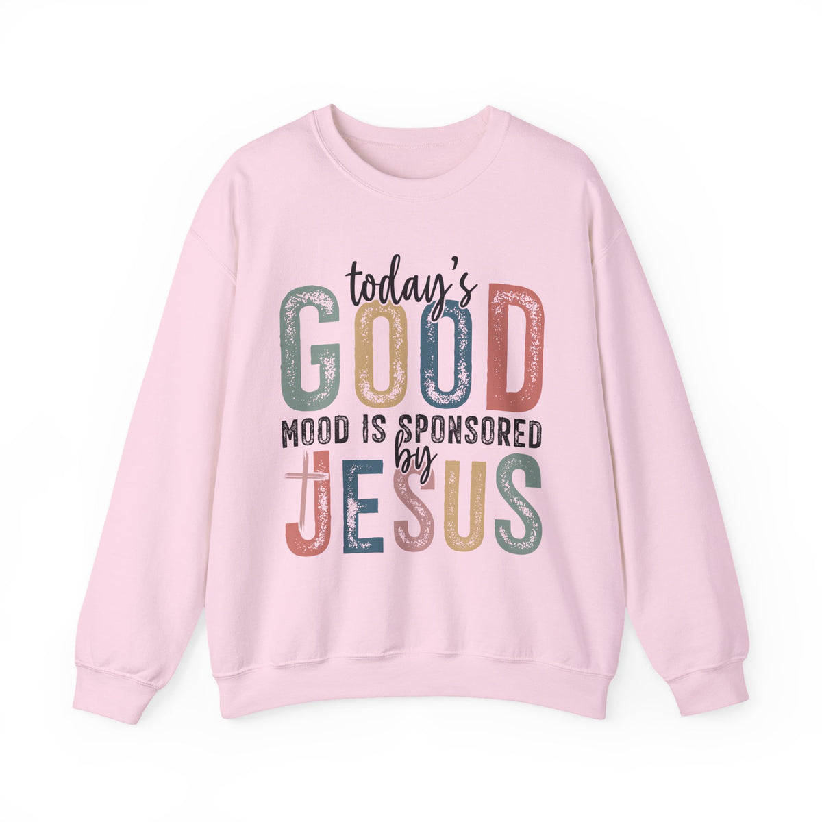 Today's Good Mood Sponsored By Jesus, Christian, Faith – Gildan Heavy Blend | Trendy Women’s Soft Sweatshirt. Direct to Garment. Printed & Shipped in the USA. Unisex Sizes.