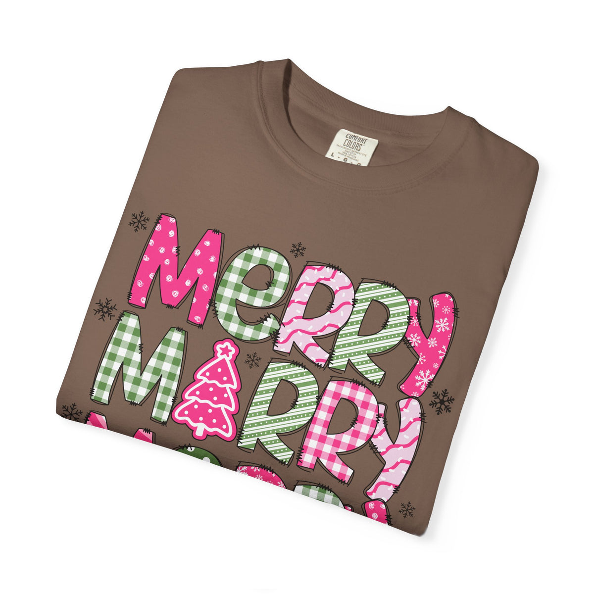 Merry Merry Merry Christmas, Festive Candy Cane & Pink and Green Plaid - Comfort Colors | Trendy Women's T-Shirt. Direct to Garment. Printed & Shipped in the USA. Unisex Sizes.