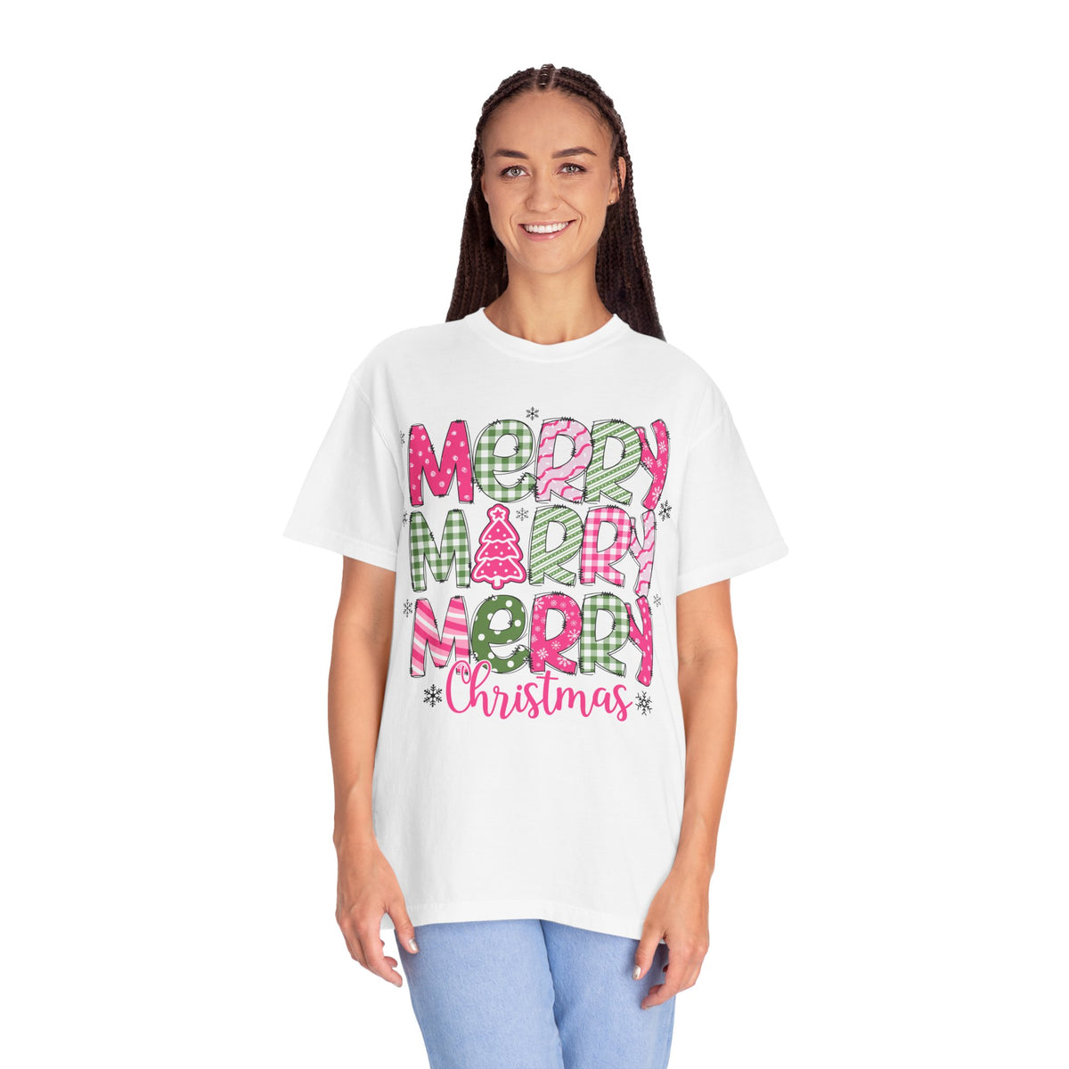 Merry Merry Merry Christmas, Festive Candy Cane & Pink and Green Plaid - Comfort Colors | Trendy Women's T-Shirt. Direct to Garment. Printed & Shipped in the USA. Unisex Sizes.