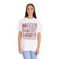 Merry Merry Merry Christmas, Festive Candy Cane & Pink and Green Plaid - Comfort Colors | Trendy Women's T-Shirt. Direct to Garment. Printed & Shipped in the USA. Unisex Sizes.