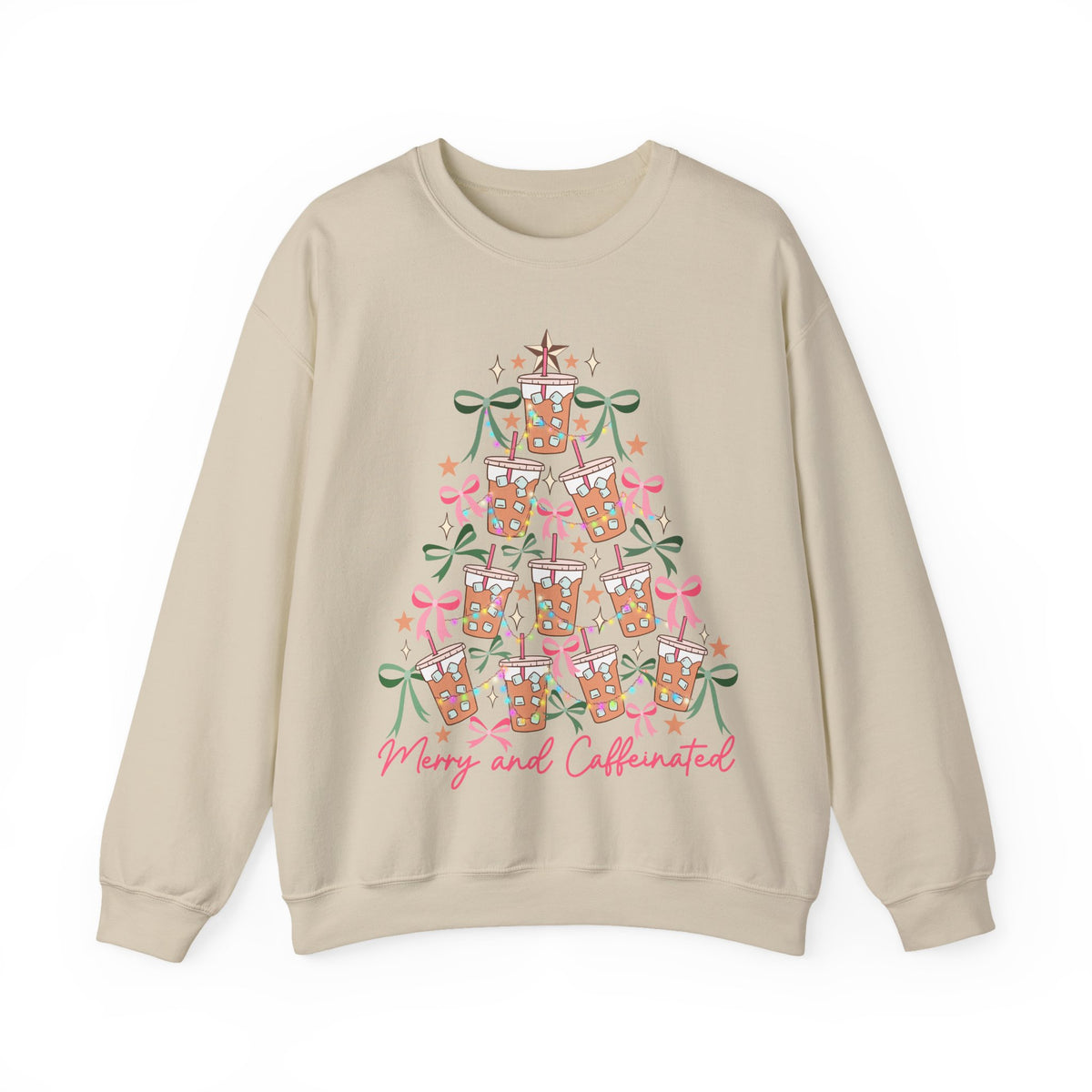 Merry and Caffeinated Iced Coffee Christmas Tree – Gildan Heavy Blend | Trendy Women’s Soft Sweatshirt. Direct to Garment. Printed & Shipped in the USA. Unisex Sizes.