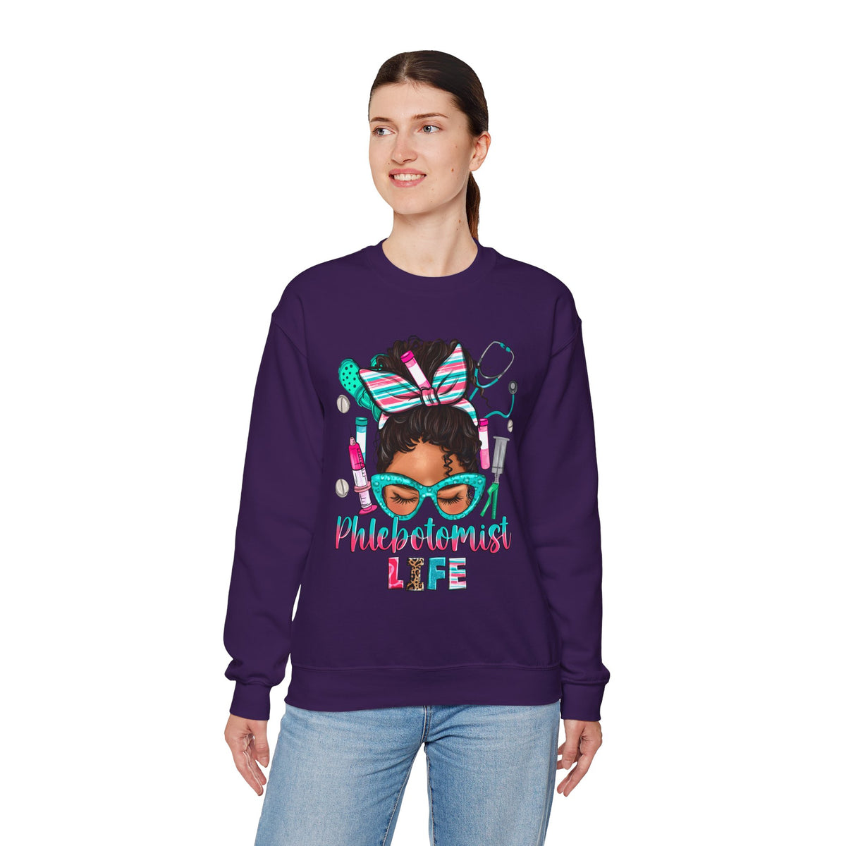 Phlebotomist Life, Messy Bun – Gildan Heavy Blend | Trendy Women’s Soft Sweatshirt. Direct to Garment. Printed & Shipped in the USA. Unisex Sizes.
