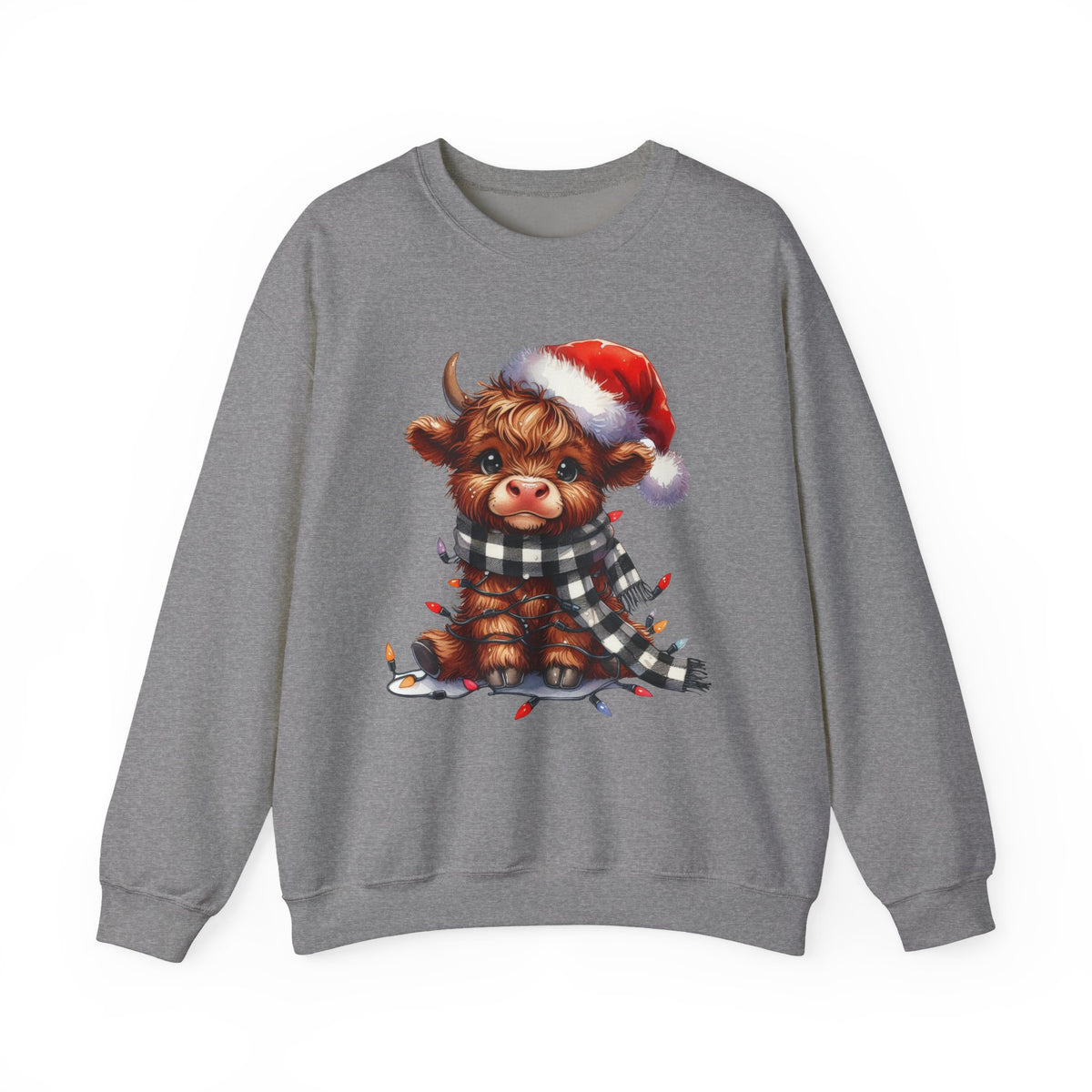 Cute Highland Cow Santa Hat Scarf Christmas Lights – Gildan Heavy Blend | Trendy Women’s Soft Sweatshirt. Direct to Garment. Printed & Shipped in the USA. Unisex Sizes.