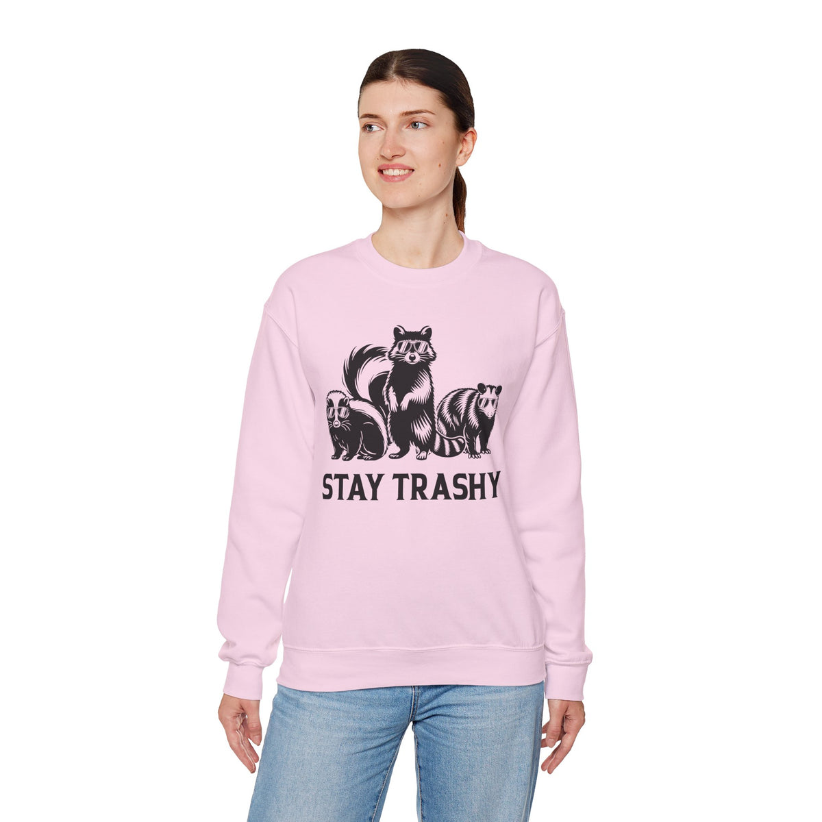 Stay Trashy, Skunk Raccoon Possum – Gildan Heavy Blend | Trendy Women’s and Men's Soft Sweatshirt. Direct to Garment. Printed & Shipped in the USA. Unisex Sizes.