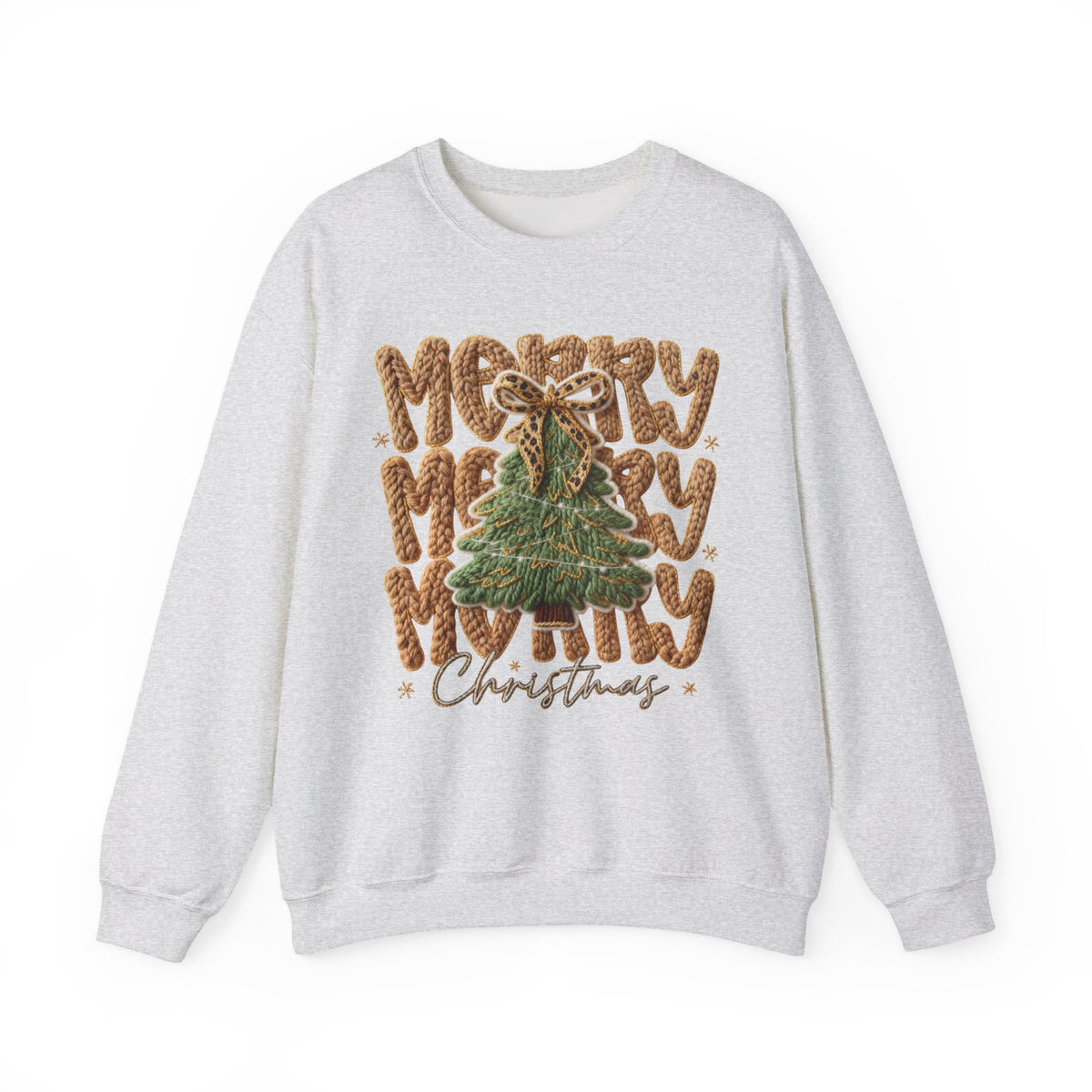Merry Merry Merry Christmas, Faux Latch Hook Yarn – Gildan Heavy Blend | Trendy Women’s Soft Sweatshirt. Direct to Garment. Printed & Shipped in the USA. Unisex Sizes.