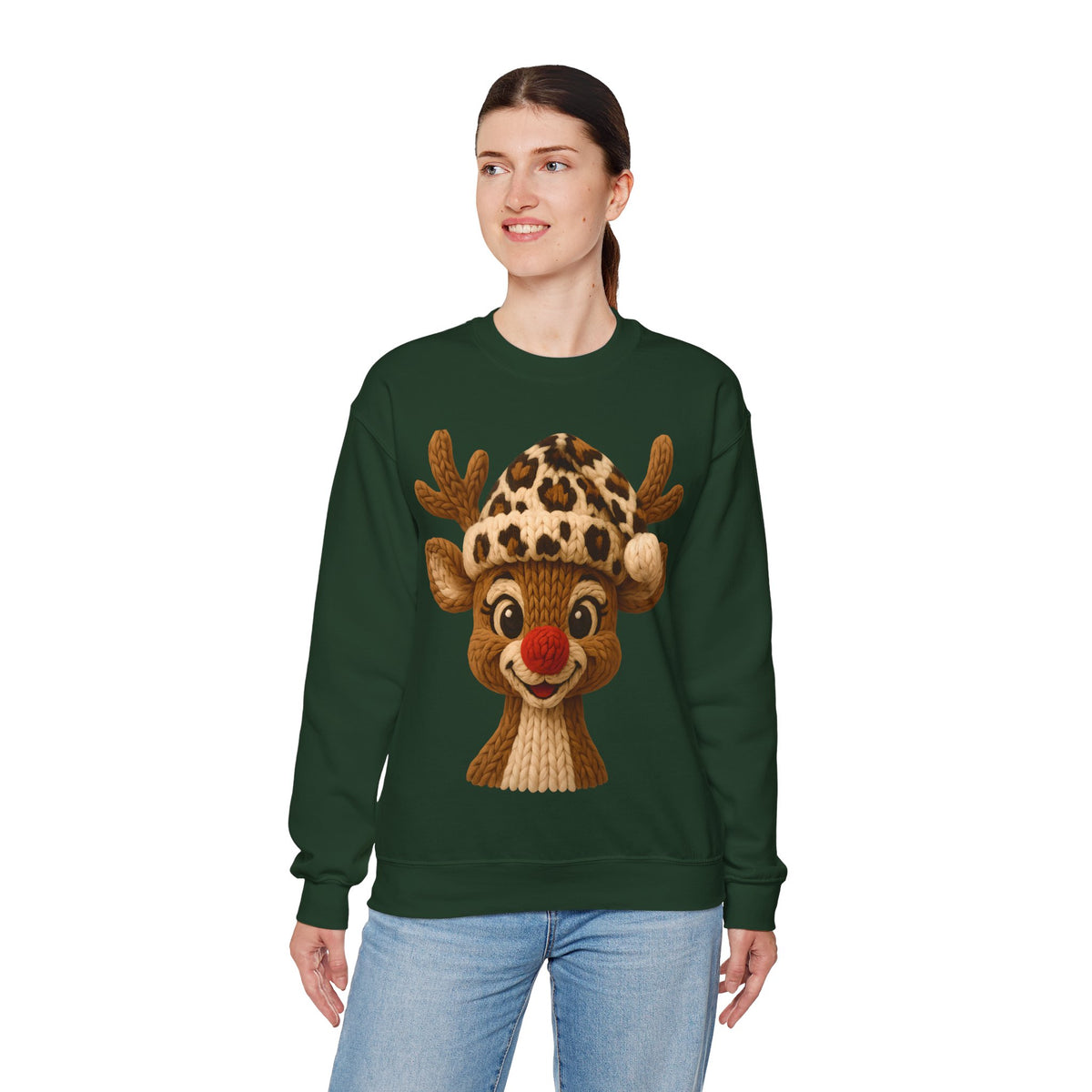 Rudolph Reindeer Leopard Santa Hat Christmas – Gildan Heavy Blend | Trendy Women’s Soft Sweatshirt. Direct to Garment. Printed & Shipped in the USA. Unisex Sizes.