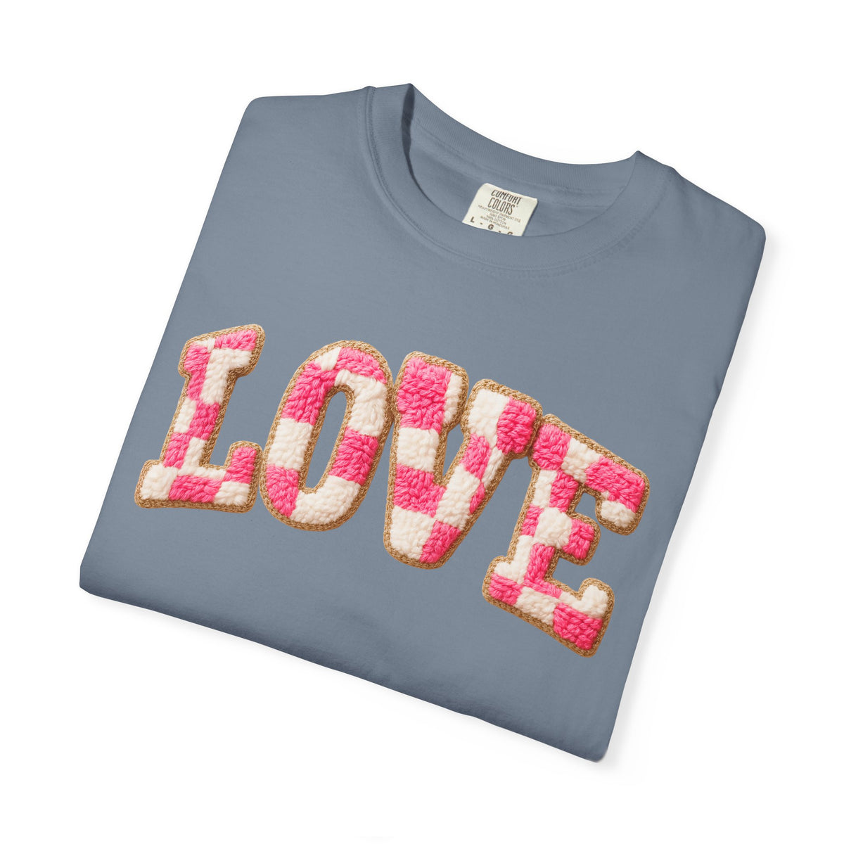 Faux Crochet Checkered LOVE - Comfort Colors | Trendy Women's T-Shirt. Direct to Garment. Printed & Shipped in the USA. Unisex Sizes.