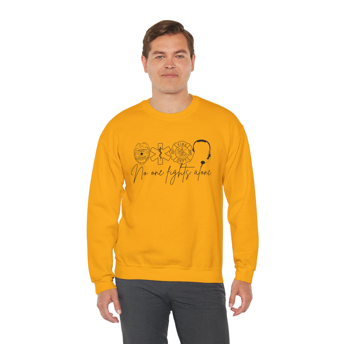 No One Fights Alone, Heroes – Gildan Heavy Blend | Trendy Women’s and Men's Soft Sweatshirt. Direct to Garment. Printed & Shipped in the USA. Unisex Sizes.