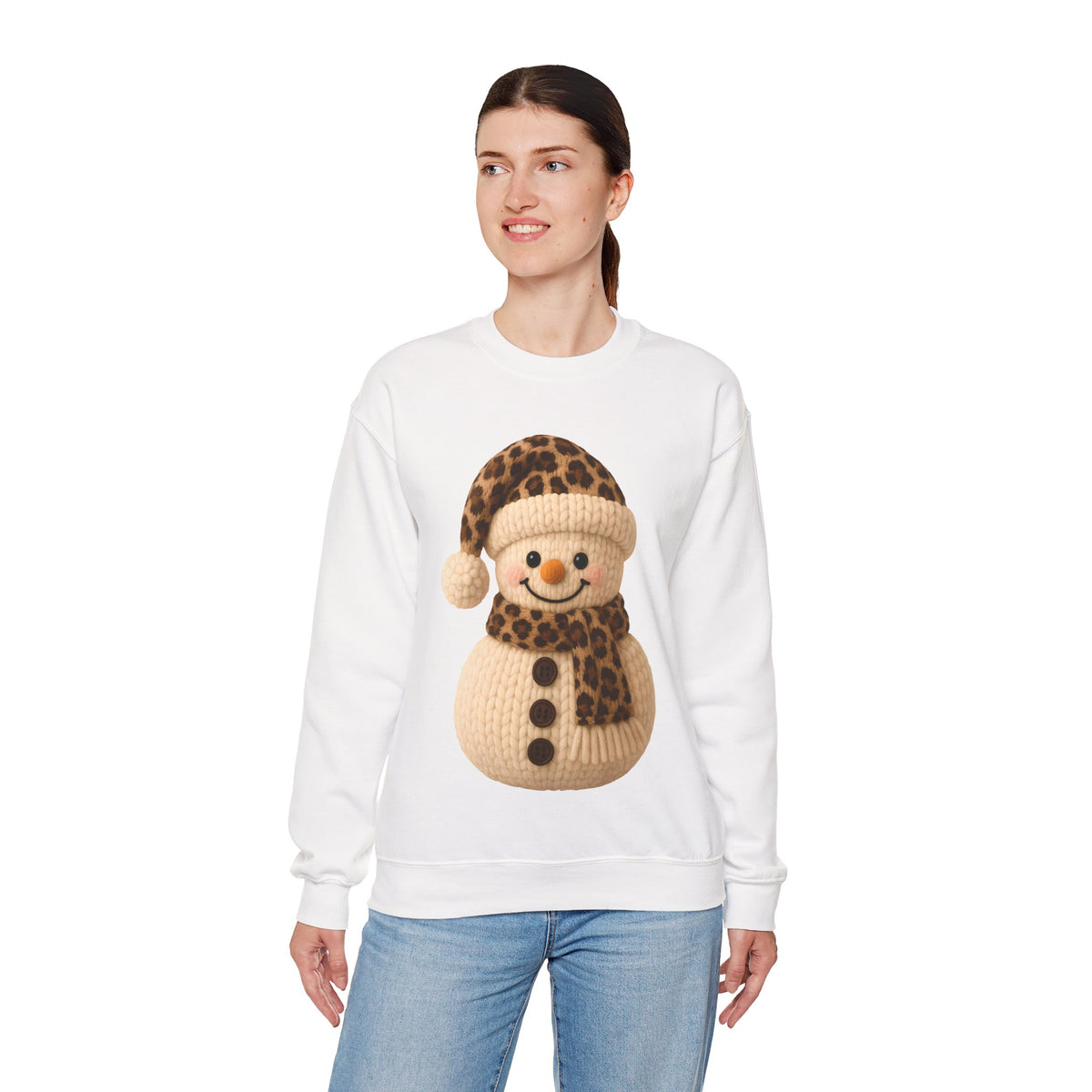 Cute Leopard Faux Knit Snowman Winter – Gildan Heavy Blend | Trendy Women’s Soft Sweatshirt. Direct to Garment. Printed & Shipped in the USA. Unisex Sizes.
