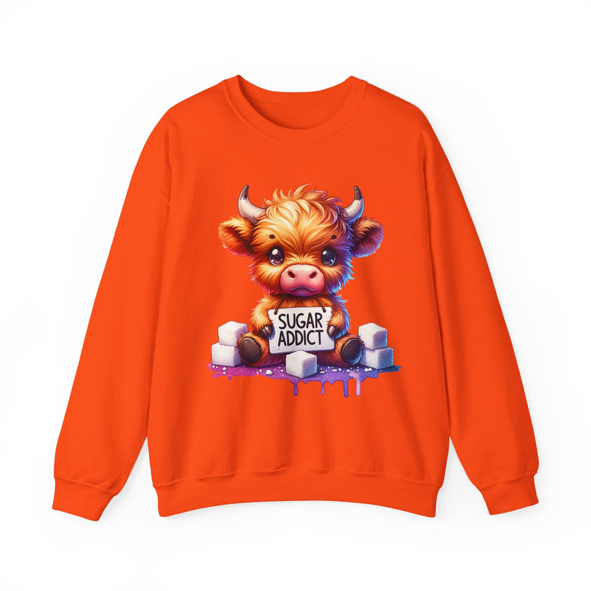 Sugar Addict Highland Cow – Gildan Heavy Blend | Trendy Women’s Soft Sweatshirt. Direct to Garment. Printed & Shipped in the USA. Unisex Sizes.