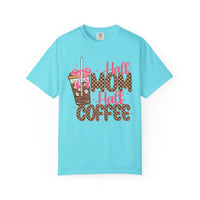 Half Mom Half Coffee. Cute Leopard Print Coffee Design - Comfort Colors | Trendy Women's T-Shirt. Direct to Garment. Printed & Shipped in the USA. Unisex Sizes.