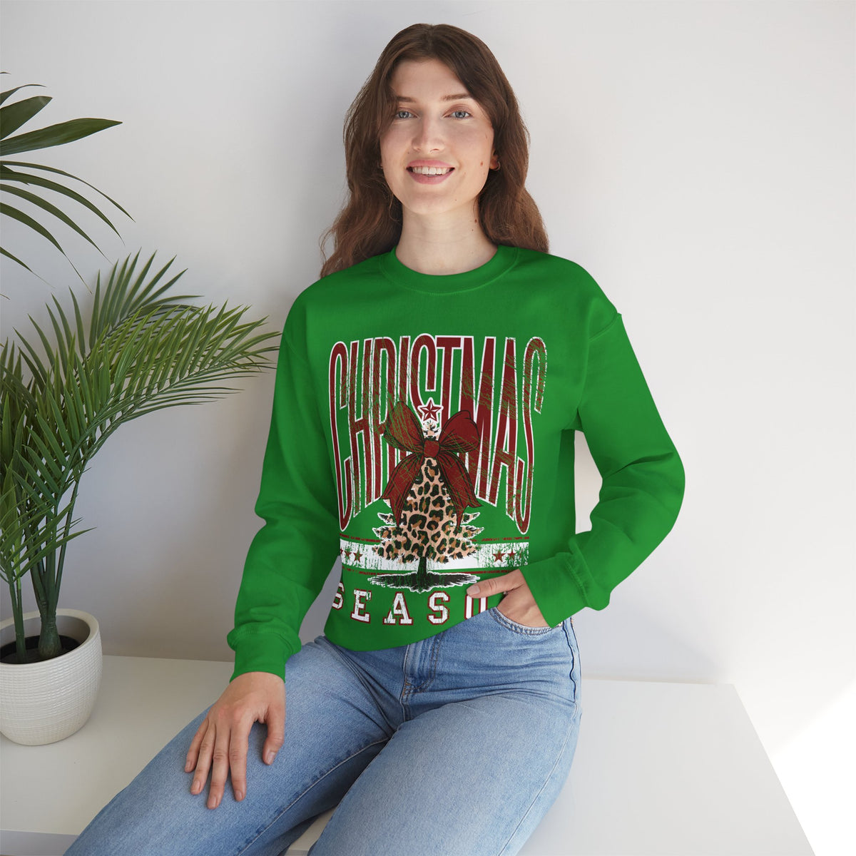 Christmas Season Leopard Tree Distressed – Gildan Heavy Blend | Trendy Women’s Soft Sweatshirt. Direct to Garment. Printed & Shipped in the USA. Unisex Sizes.