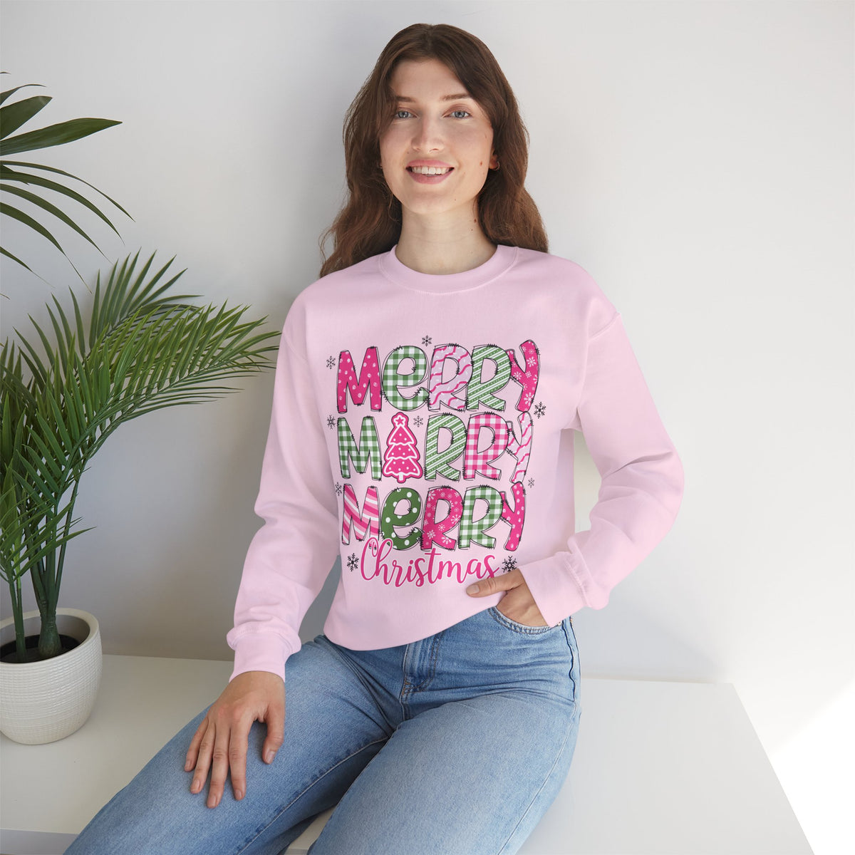 Merry Merry Merry Christmas Festive Candy Cane - Pink and Green – Gildan Heavy Blend | Trendy Women’s Soft Sweatshirt. Direct to Garment. Printed & Shipped in the USA. Unisex Sizes.