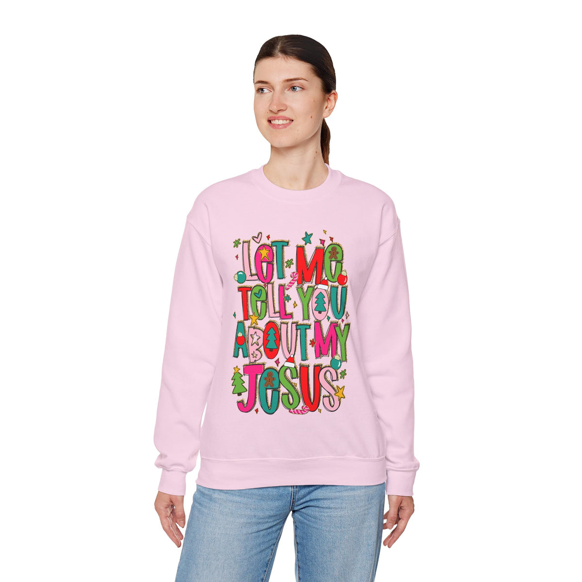 Let Me Tell You About My Jesus - Christmas Faith – Gildan Heavy Blend | Trendy Women’s Soft Sweatshirt. Direct to Garment. Printed & Shipped in the USA. Unisex Sizes.