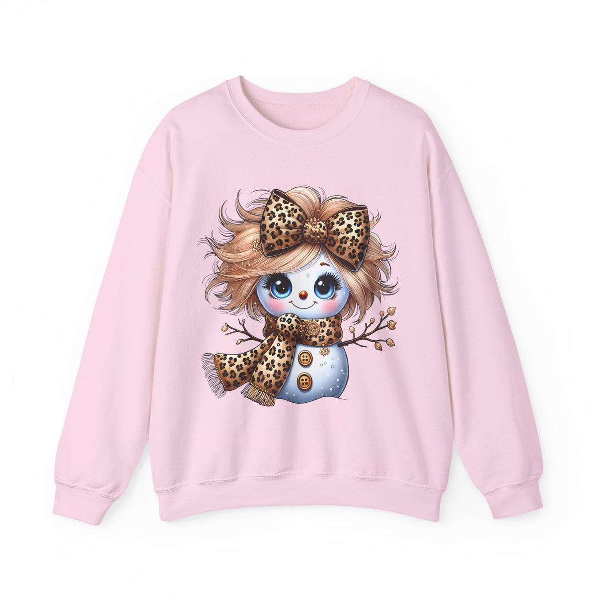 Snowgirl Cute Leopard Bow Snowman, Winter Cozy – Gildan Heavy Blend | Trendy Women’s Soft Sweatshirt. Direct to Garment. Printed & Shipped in the USA. Unisex Sizes.
