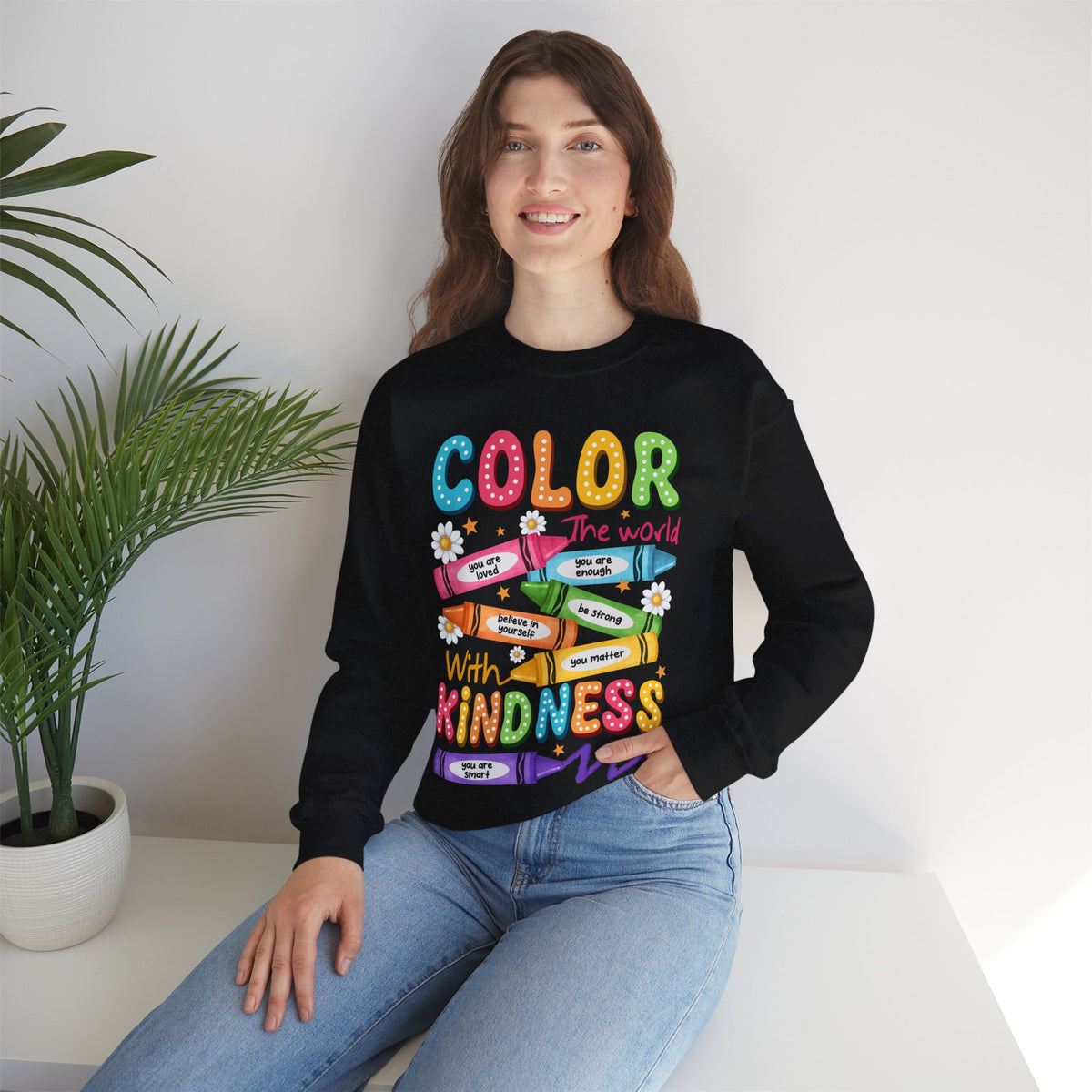 Color the World With Kindness Crayons, Great Teacher Gift – Gildan Heavy Blend | Trendy Women’s and Men's Soft Sweatshirt. Direct to Garment. Printed & Shipped in the USA. Unisex Sizes.