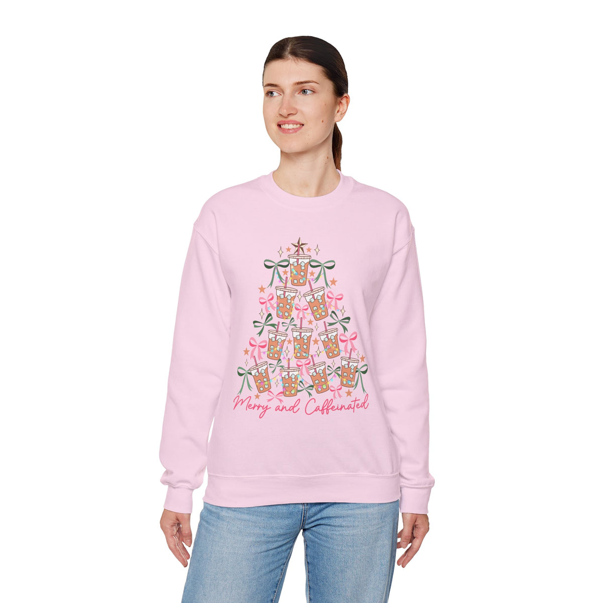 Merry and Caffeinated Iced Coffee Christmas Tree – Gildan Heavy Blend | Trendy Women’s Soft Sweatshirt. Direct to Garment. Printed & Shipped in the USA. Unisex Sizes.