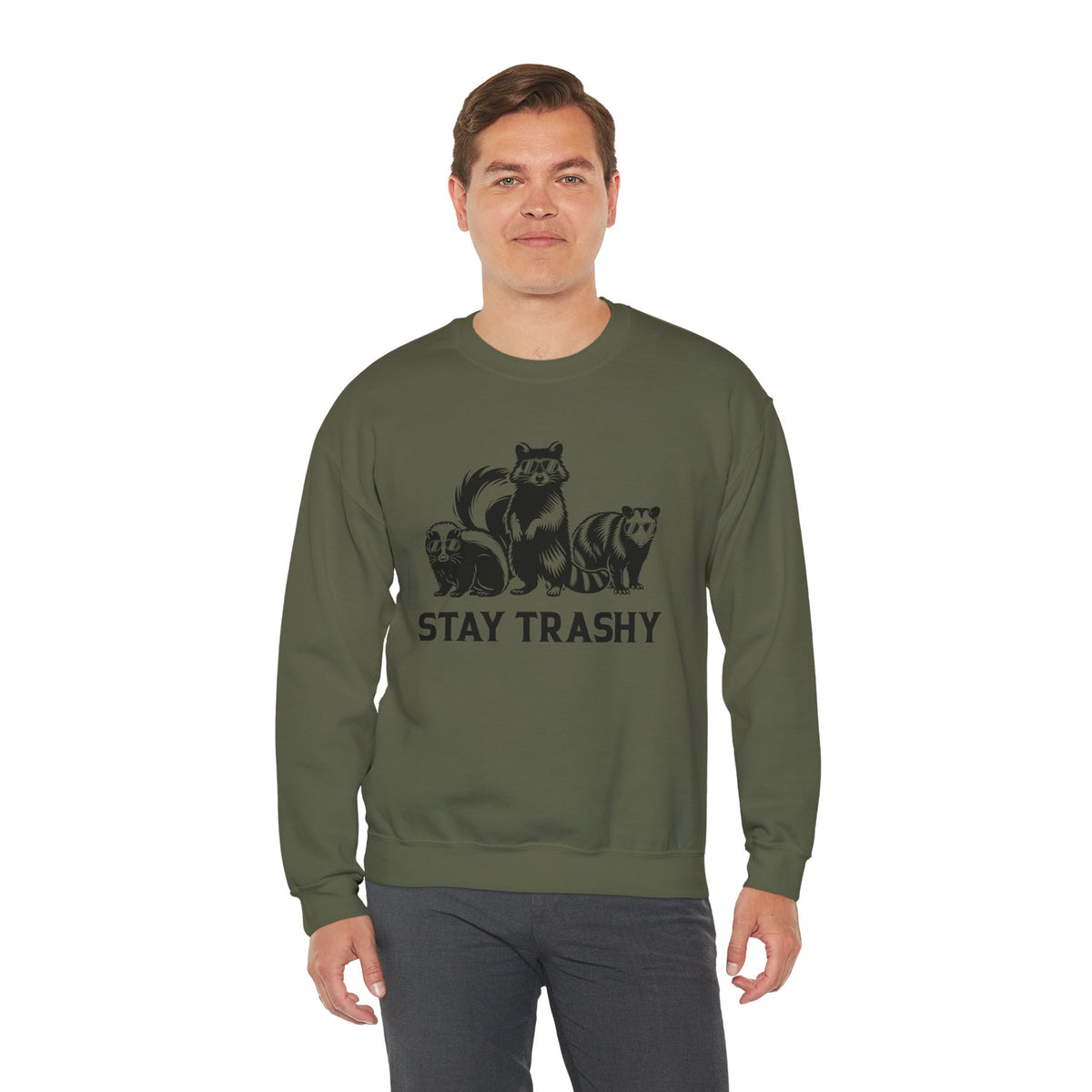Stay Trashy, Skunk Raccoon Possum – Gildan Heavy Blend | Trendy Women’s and Men's Soft Sweatshirt. Direct to Garment. Printed & Shipped in the USA. Unisex Sizes.