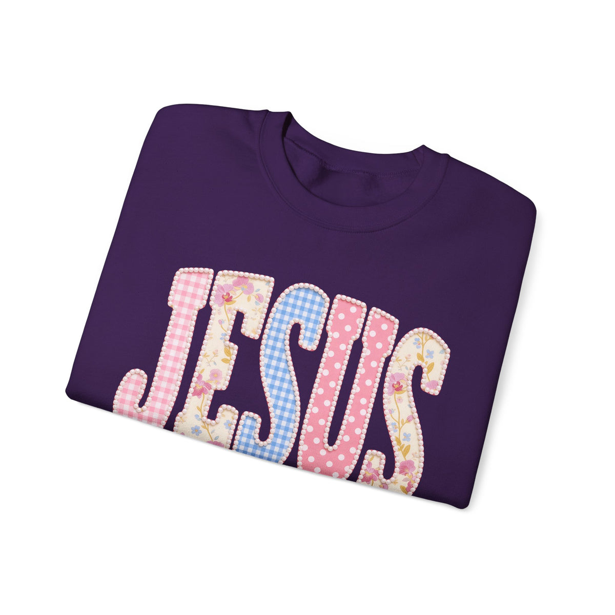 JESUS Pastel Faux Patchwork – Gildan Heavy Blend | Trendy Women’s Soft Sweatshirt. Direct to Garment. Printed & Shipped in the USA. Unisex Sizes.