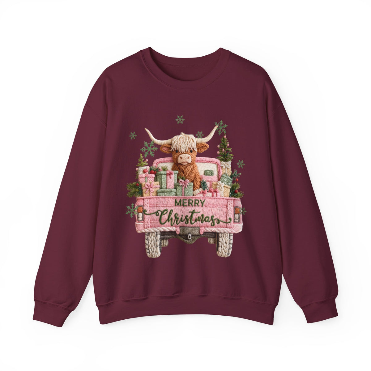 Highland Cow in Pink Truck Merry Christmas Holiday Farmhouse – Gildan Heavy Blend | Trendy Women’s Soft Sweatshirt. Direct to Garment. Printed & Shipped in the USA. Unisex Sizes.