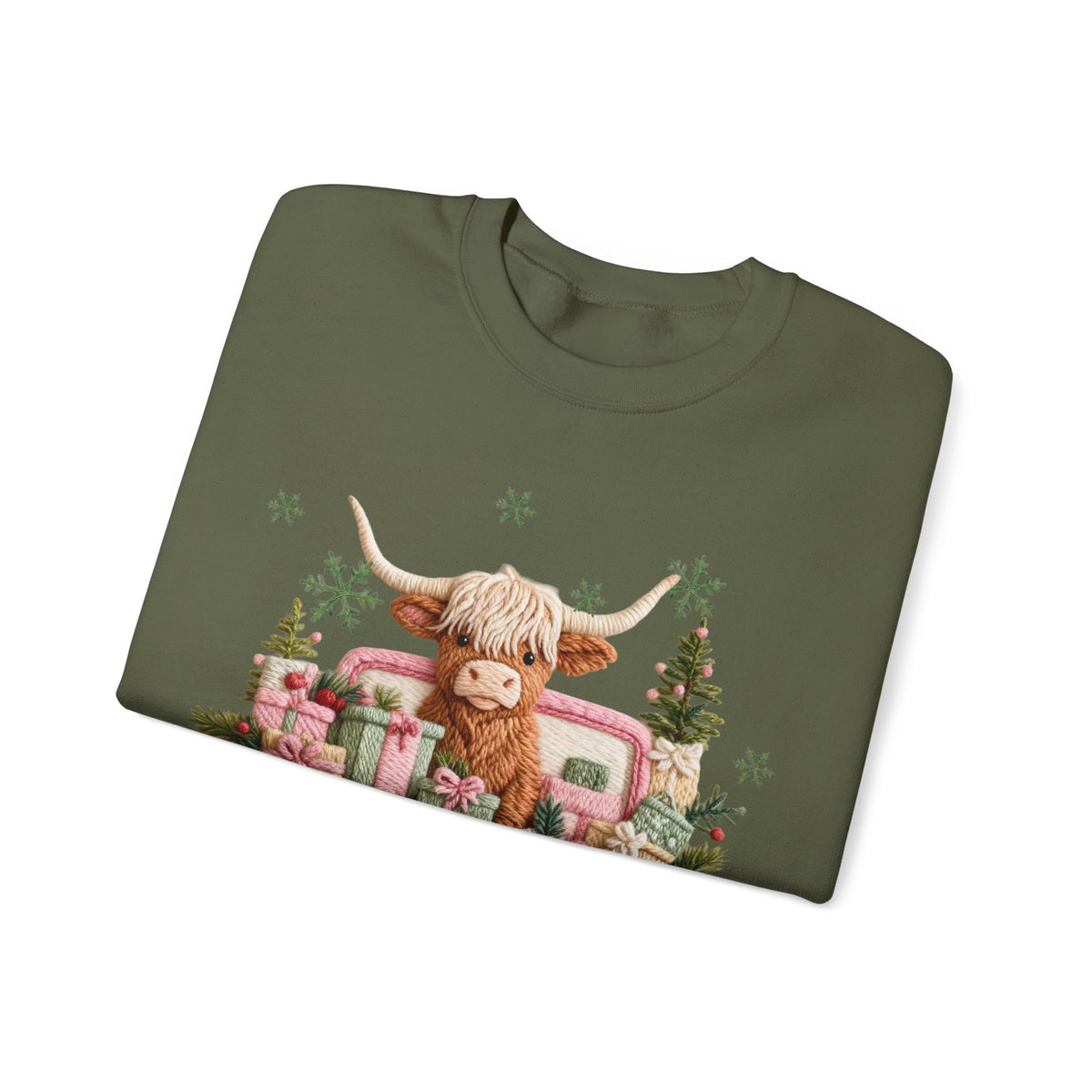 Highland Cow in Pink Truck Merry Christmas Holiday Farmhouse – Gildan Heavy Blend | Trendy Women’s Soft Sweatshirt. Direct to Garment. Printed & Shipped in the USA. Unisex Sizes.
