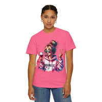 Dramatic Girl With Wine Messy Bun Peace Sign  - Comfort Colors | Trendy Women's T-Shirt. Direct to Garment. Printed & Shipped in the USA. Unisex Sizes.