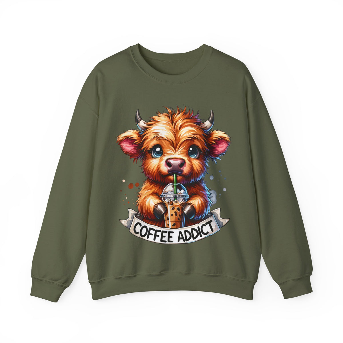 Coffee Addict Highland Cow Drinking Iced Coffee – Gildan Heavy Blend | Trendy Women’s Soft Sweatshirt. Direct to Garment. Printed & Shipped in the USA. Unisex Sizes.