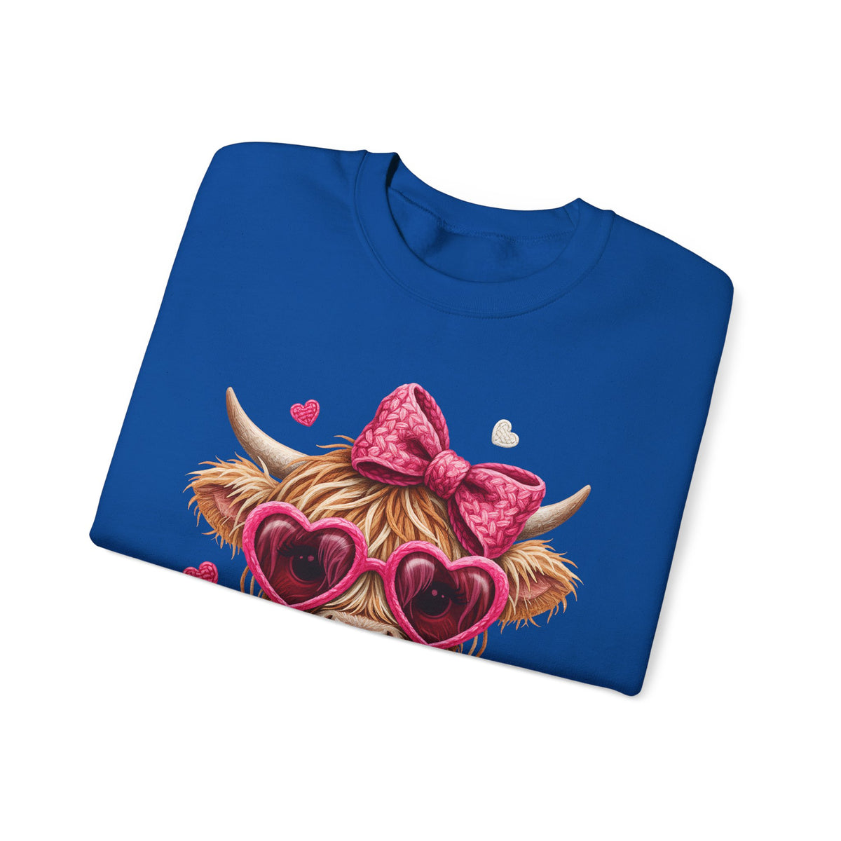 Highland Cow - Pink Heart Shaped Glasses – Gildan Heavy Blend | Trendy Women’s Soft Sweatshirt. Direct to Garment. Printed & Shipped in the USA. Unisex Sizes.