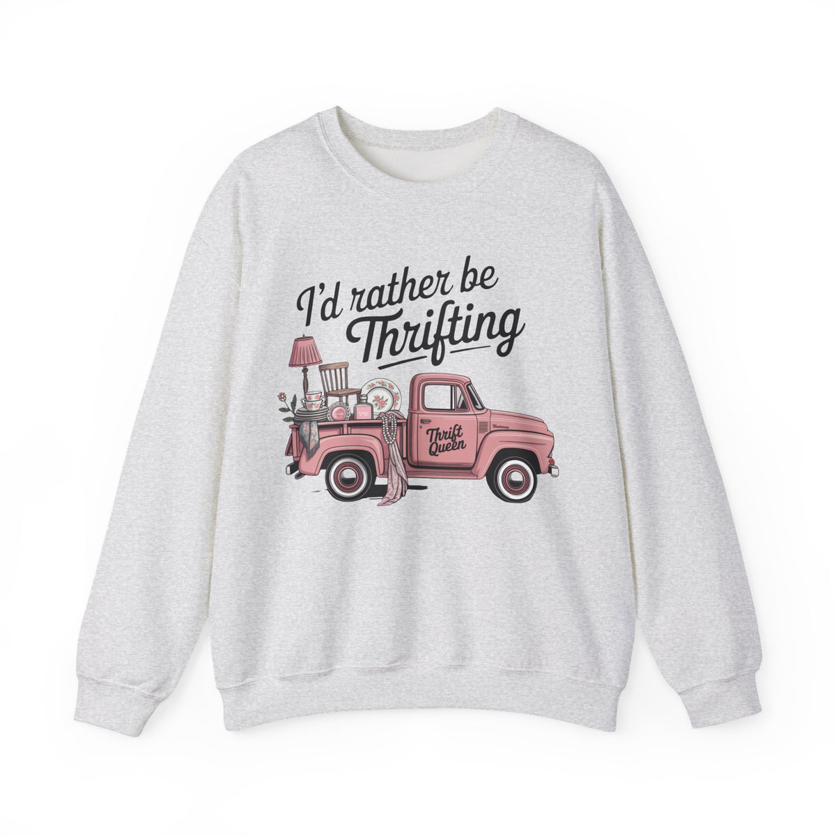 I'd Rather Be Thrifting. Pink Vintage Truck – Gildan Heavy Blend | Trendy Women’s Soft Sweatshirt. Direct to Garment. Printed & Shipped in the USA. Unisex Sizes.